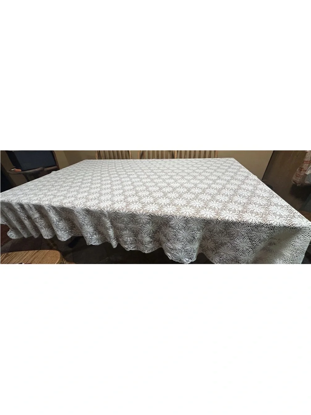Large Handmade Cotton Crocheted Tablecloth  Floral Motif 72x80 Scalloped Edges